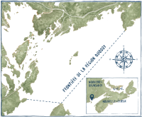 L’aquarelle de la carte de la région de Quoddy et une petite carte de la côte est du Canada.